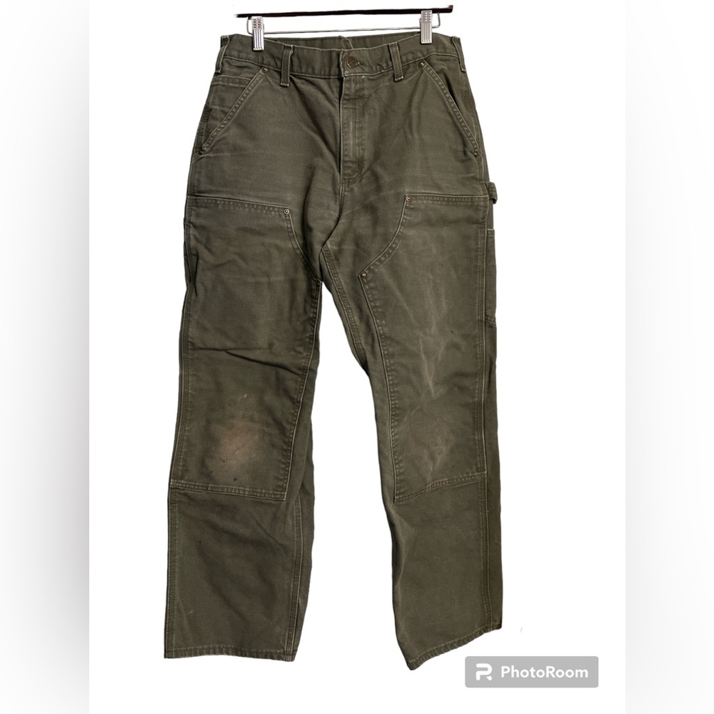Vintage Carhartt Double Knee Pants B136 MOS Green 33x30 Distressed Stained.